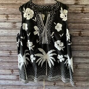 Talbots Women's Sleeveless Top Size 3X Black White Floral Tropical V-Neck